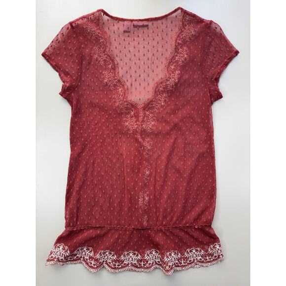 VTG Y2K Sheer Babydoll Top Womens S Red Embroidered Trim Mesh 90s Fairy Grunge - Picture 8 of 12